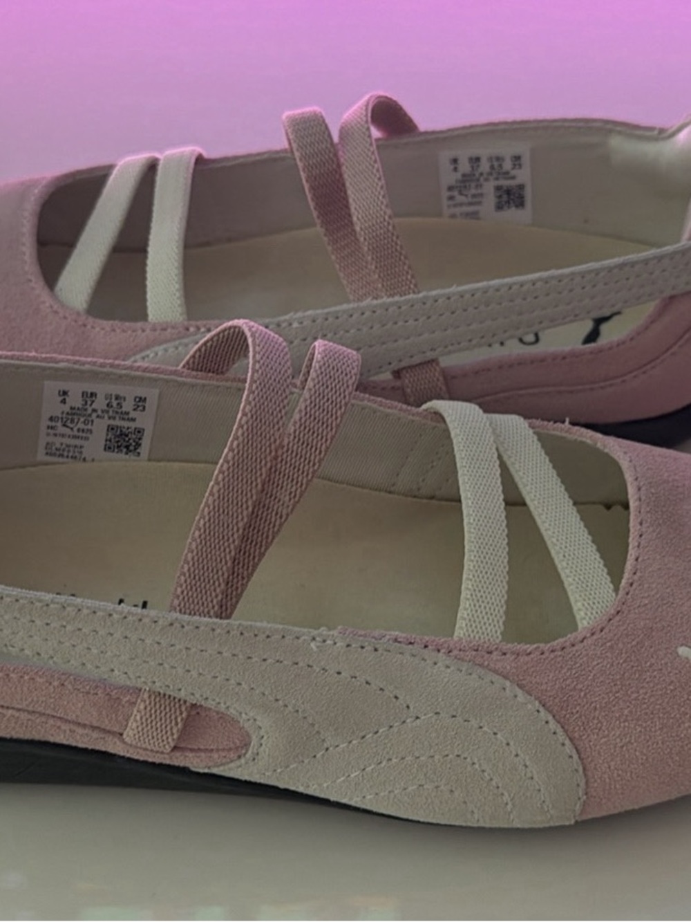 Puma Women's Pink Suede Ballet Flats with Cream Straps 6.5